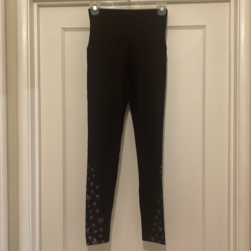 Spanx Active Full Length Black Printed Leggings with Silver Stars EUC - Picture 2 of 7